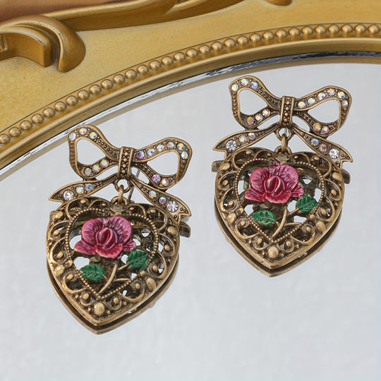 Vintage Heart & Rose Bowknot Earrings