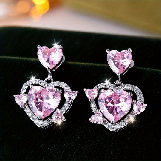 Luxurious Pink Heart Zirconia Earrings