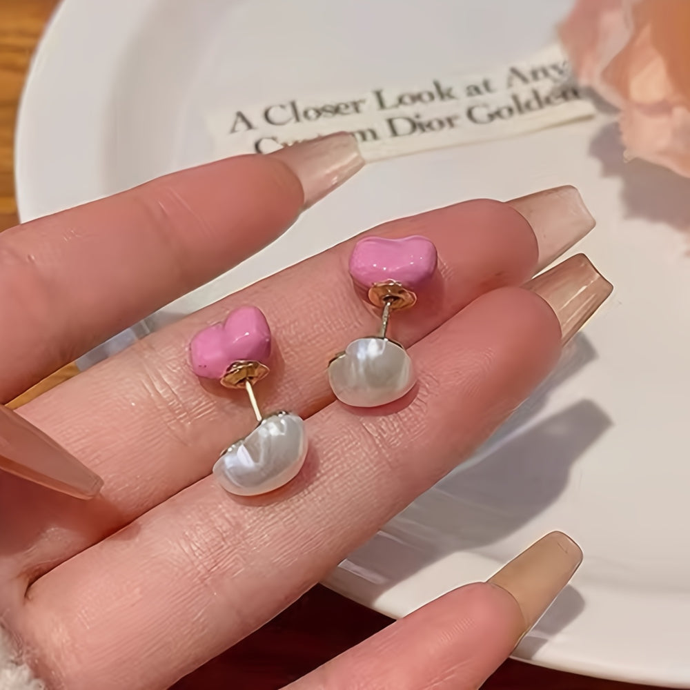 Elegant Pink Heart & Pearl Stud Earrings