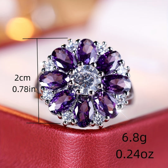 Elegant Purple Zirconia Flower Ring