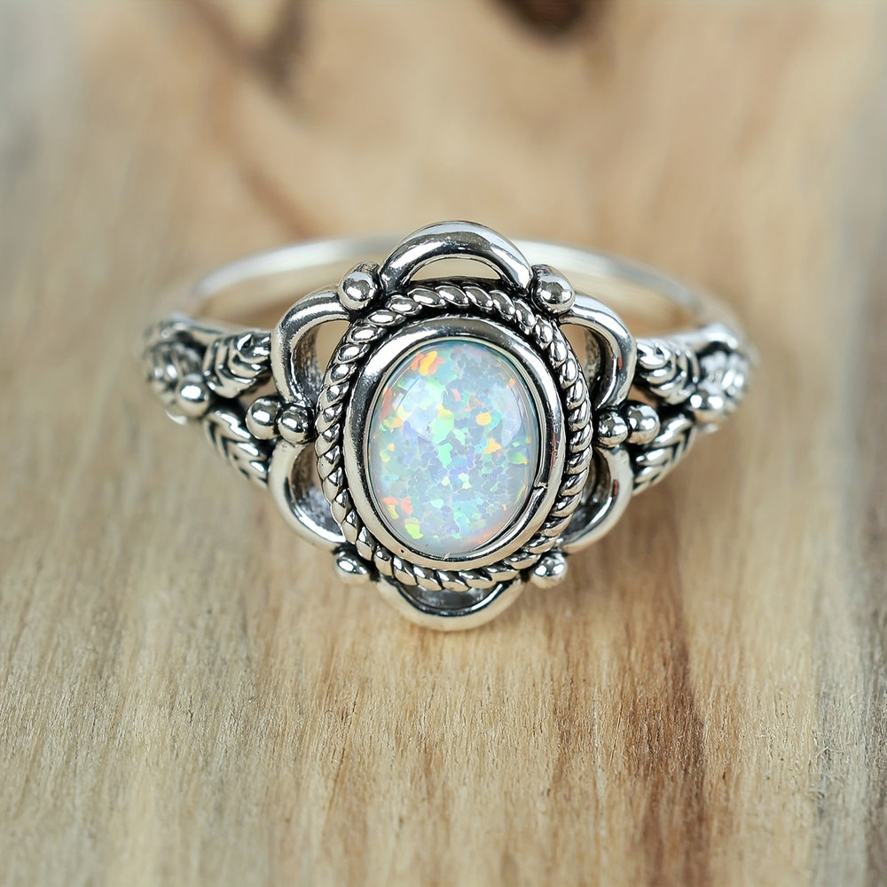 Vintage Silvery Opal Retro Ring