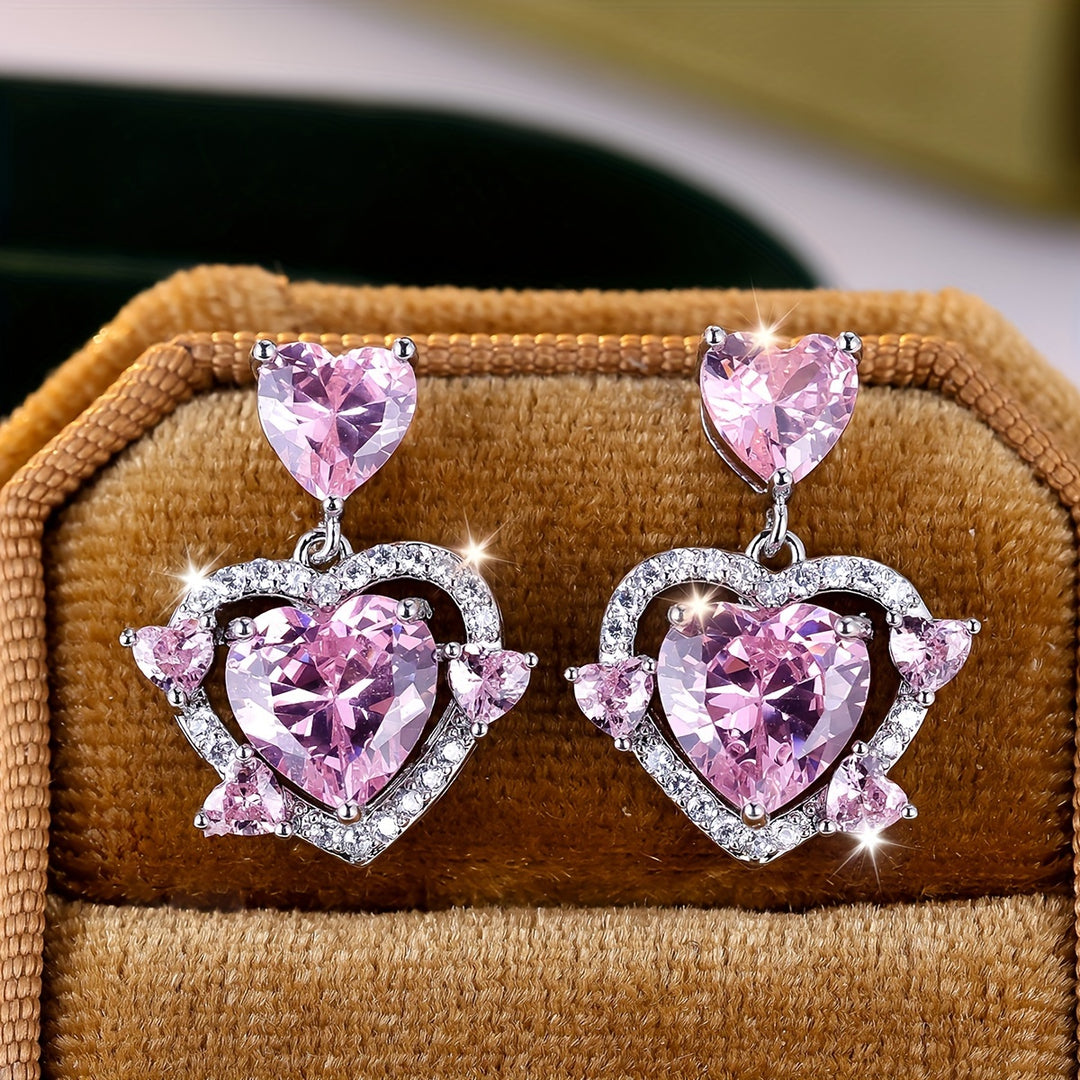 Luxurious Pink Heart Zirconia Earrings