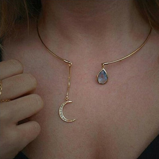 Water Droplet & Moon Pendant Necklace