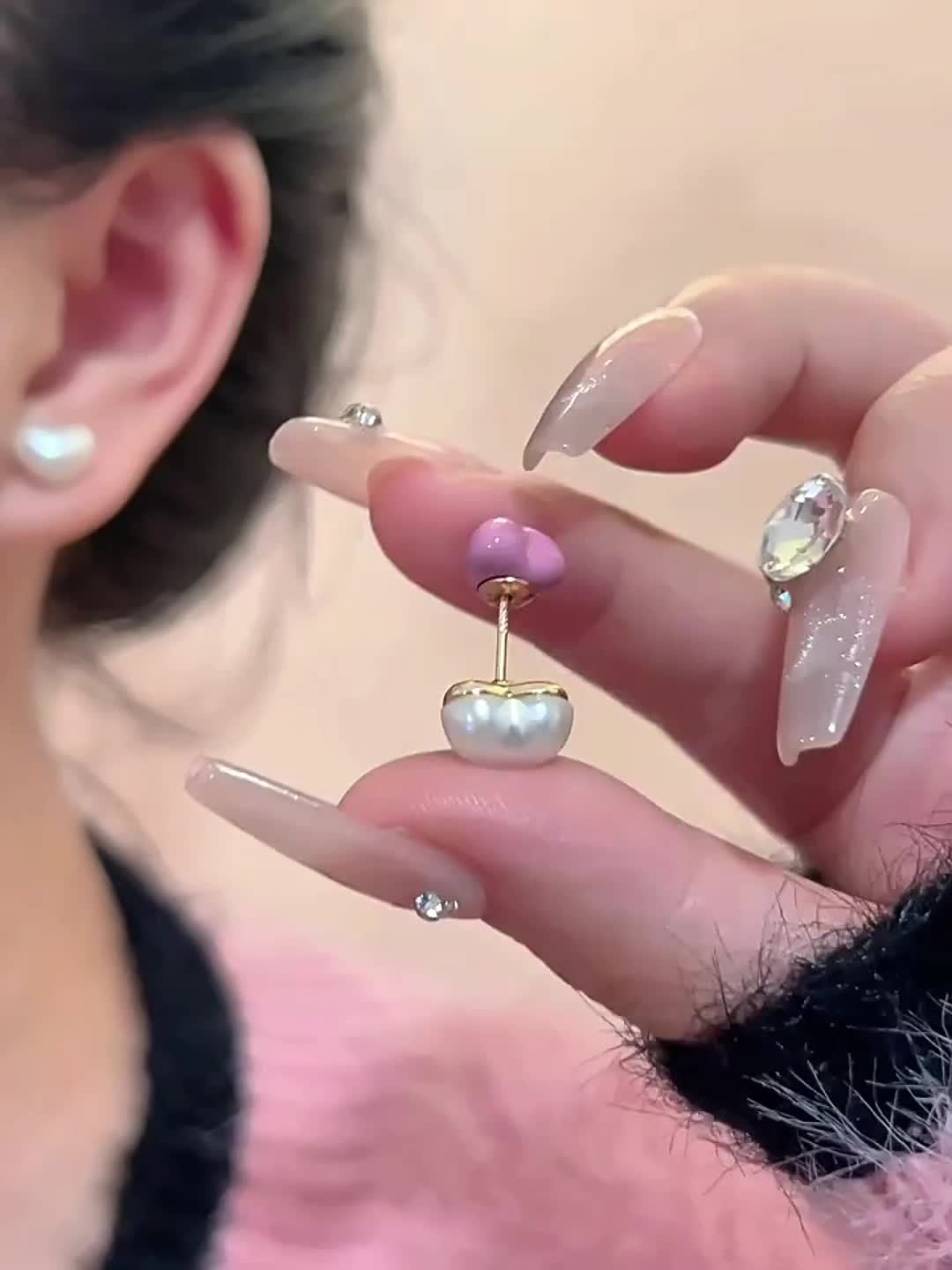 Elegant Pink Heart & Pearl Stud Earrings