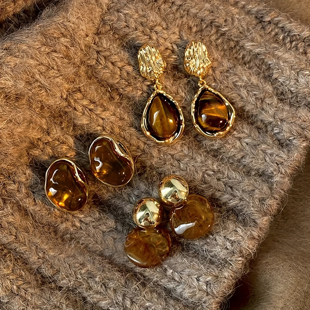 3 Pairs Elegant Brown Resin Earrings Set