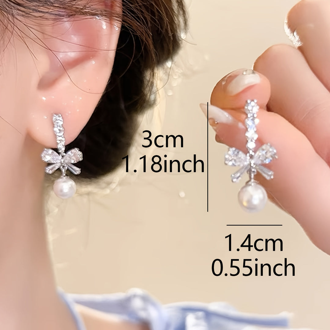 Rhinestone Bows Imitation Pearls Earrings