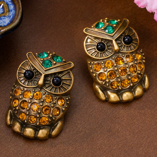 Vintage Owl Earrings with Sparkling Rhinestones