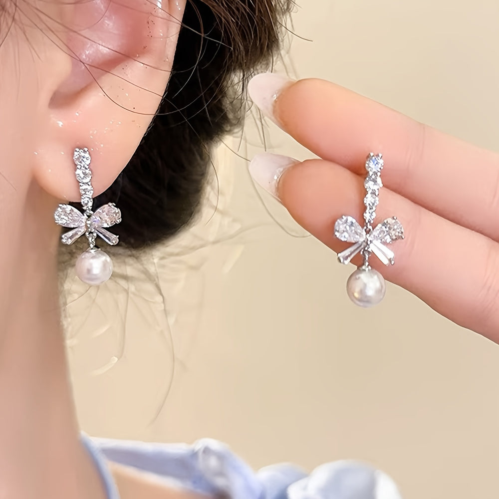 Rhinestone Bows Imitation Pearls Earrings