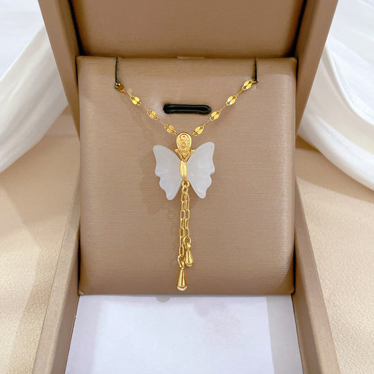 Two-Tone Jade Butterfly Tassel Necklace