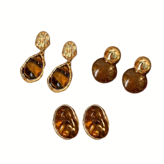 3 Pairs Elegant Brown Resin Earrings Set