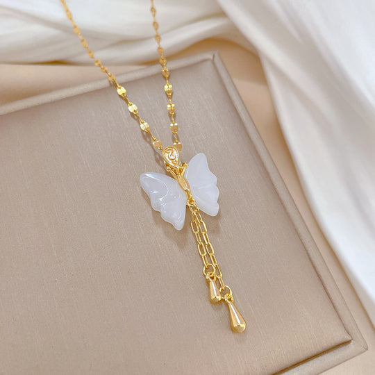 Two-Tone Jade Butterfly Tassel Necklace