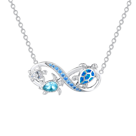 Ocean Style Blue Color Opal Three Turtle Infinity Symbol Pendant Necklace Valentine's Day Party Holiday Gift