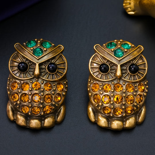 Vintage Owl Earrings with Sparkling Rhinestones