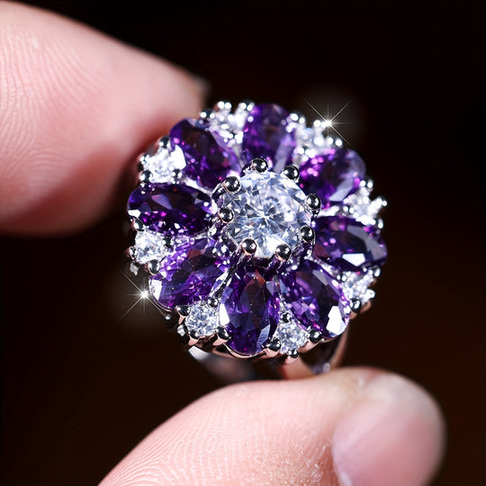 Elegant Purple Zirconia Flower Ring