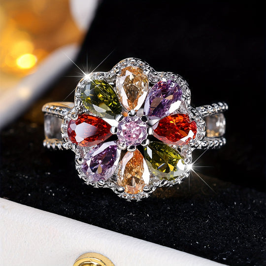 Colorful Floral Cubic Zirconia Ring