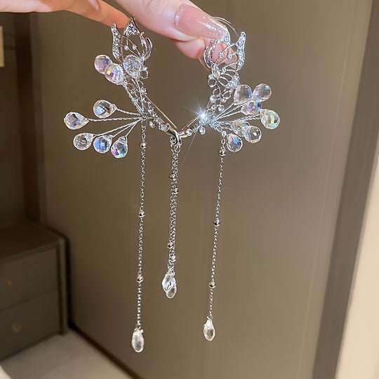 Elegant Crystal Flower & Tassel Ear Wrap