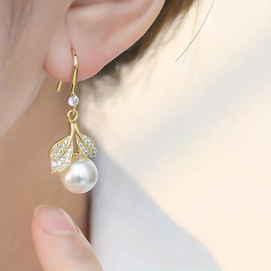 French Leaf & Faux Pearl Drop Earrings