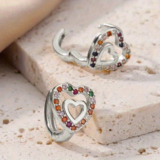 Cute Heart Inlay Zirconia Hoop Earrings
