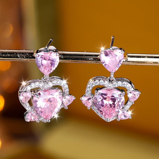 Luxurious Pink Heart Zirconia Earrings