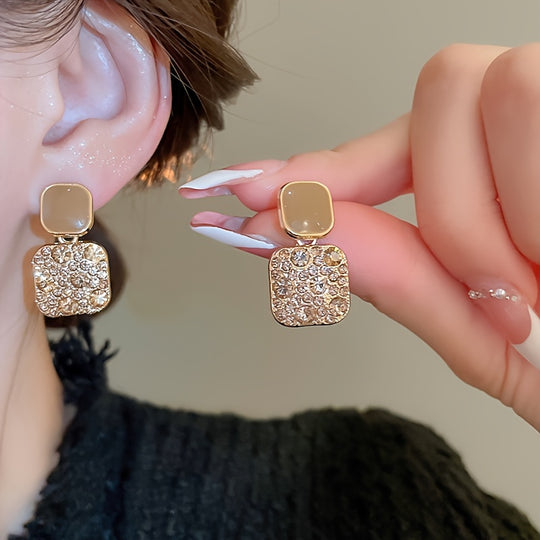 Square Dangle Earrings with Sparkling Rhinestones