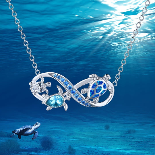Ocean Style Blue Color Opal Three Turtle Infinity Symbol Pendant Necklace Valentine's Day Party Holiday Gift