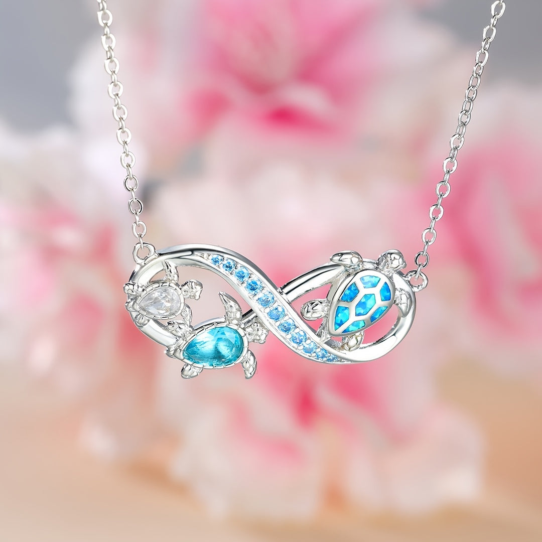 Ocean Style Blue Color Opal Three Turtle Infinity Symbol Pendant Necklace Valentine's Day Party Holiday Gift