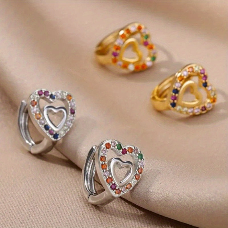 Cute Heart Inlay Zirconia Hoop Earrings
