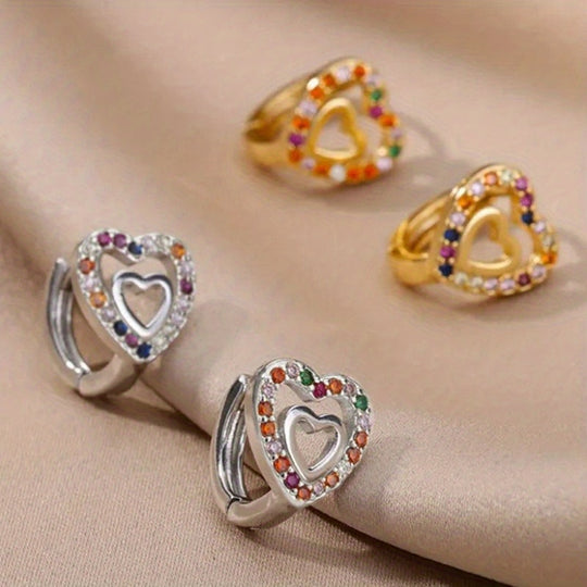 Cute Heart Inlay Zirconia Hoop Earrings