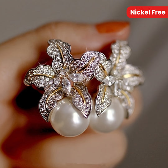 Sophisticated Two-Tone Flower Pearl Earrings