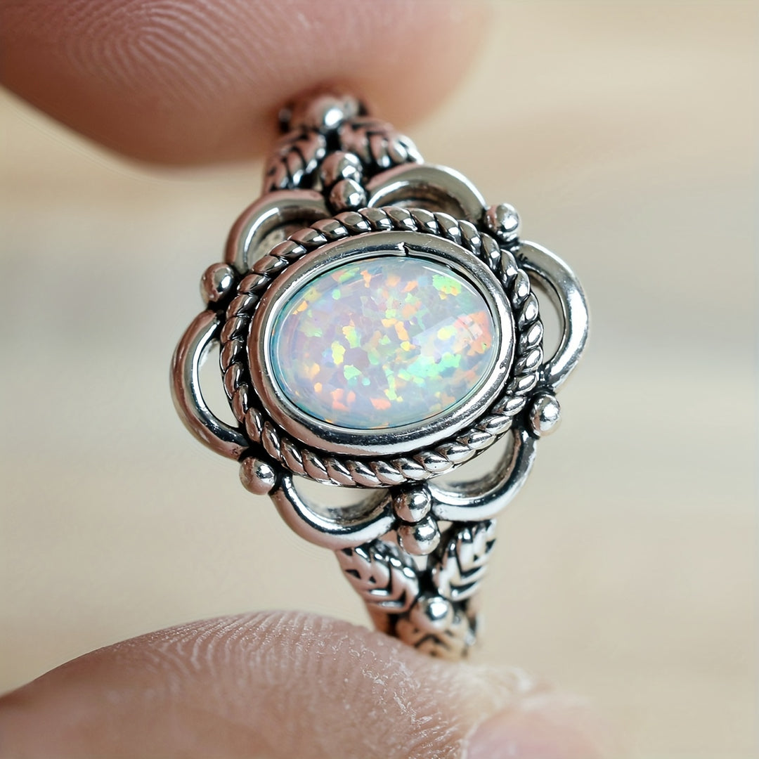 Vintage Silvery Opal Retro Ring