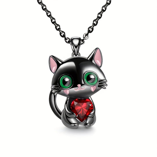 Kitten Hugging Heart Pendant Necklace