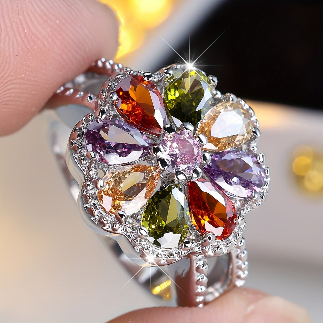 Colorful Floral Cubic Zirconia Ring