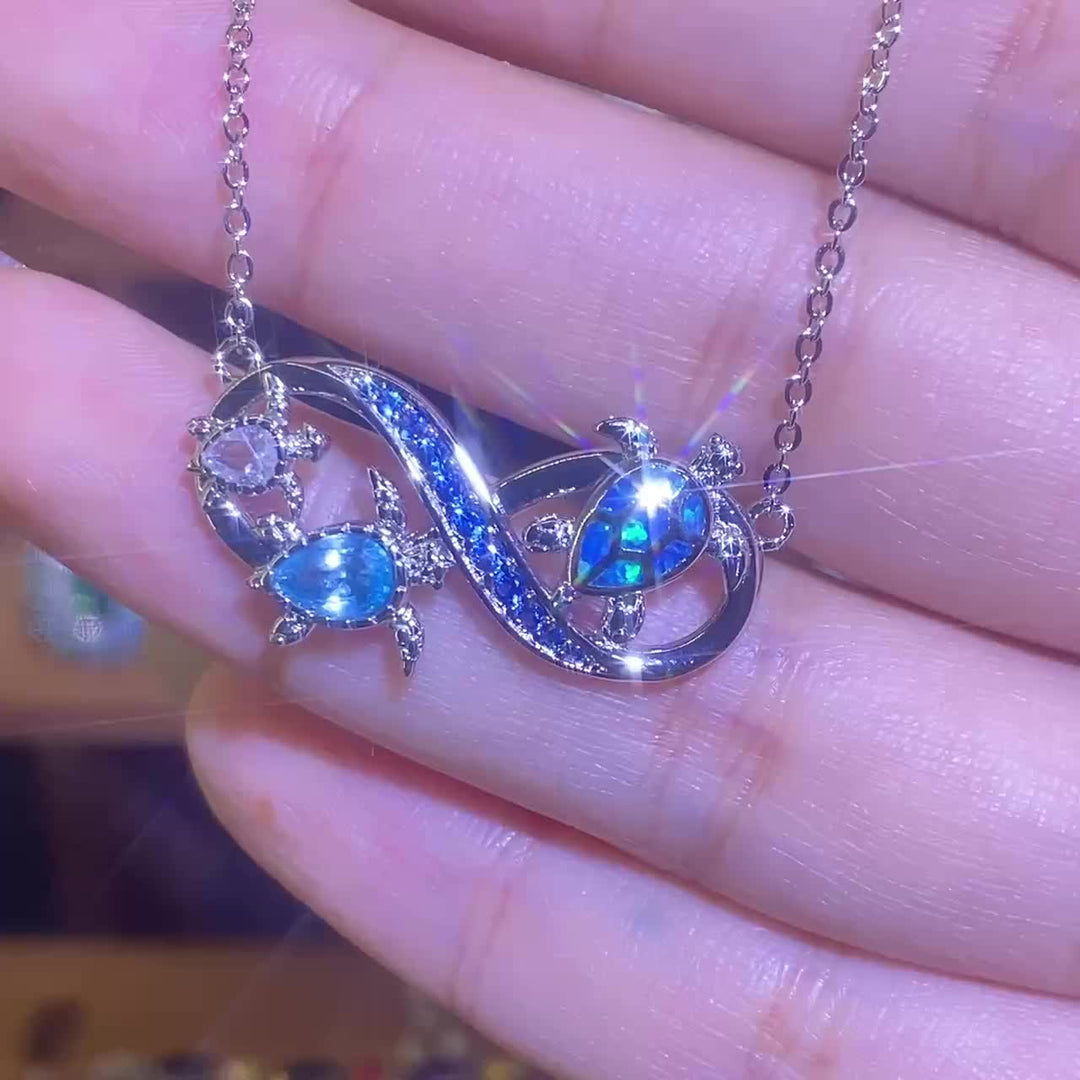 Ocean Style Blue Color Opal Three Turtle Infinity Symbol Pendant Necklace Valentine's Day Party Holiday Gift