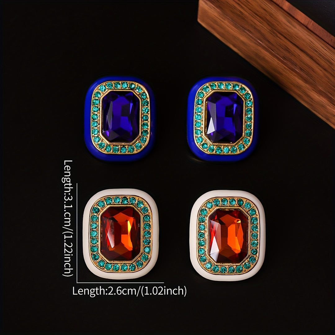 Fashionable Square Enamel Rhinestone Earrings
