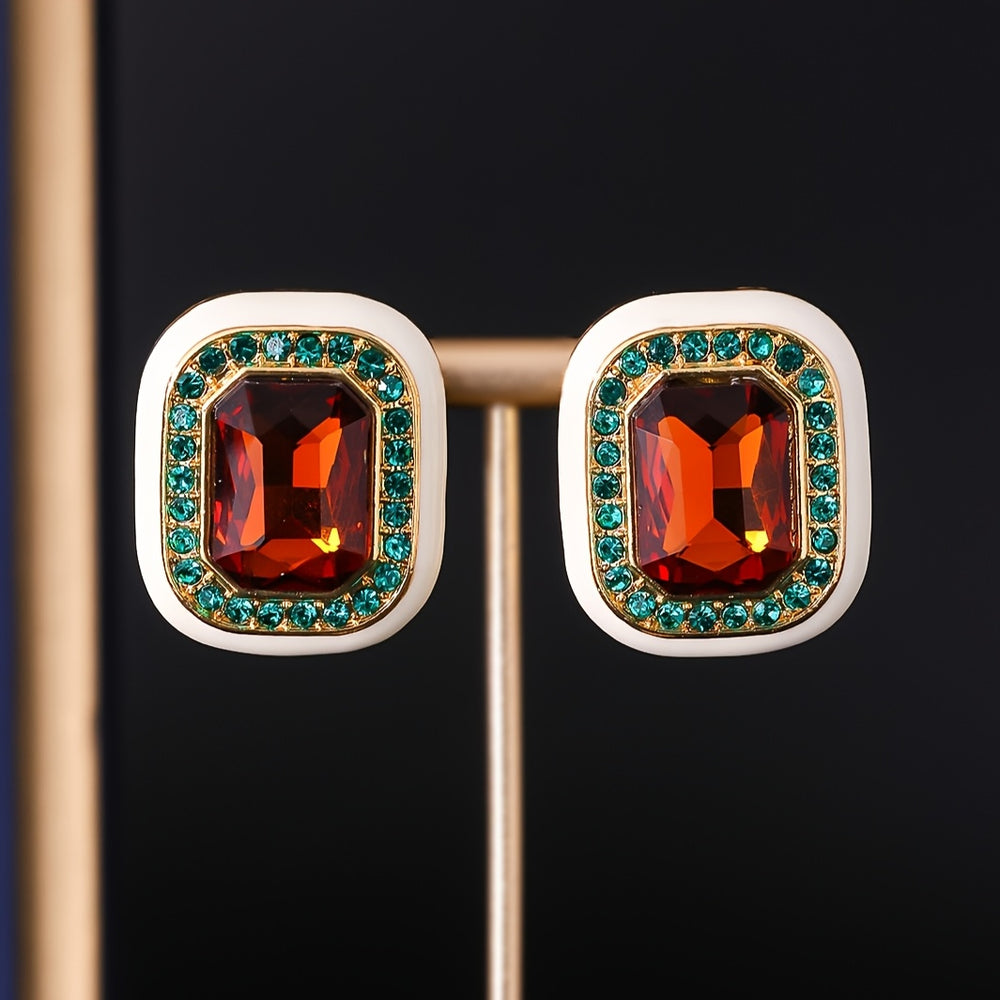 Fashionable Square Enamel Rhinestone Earrings