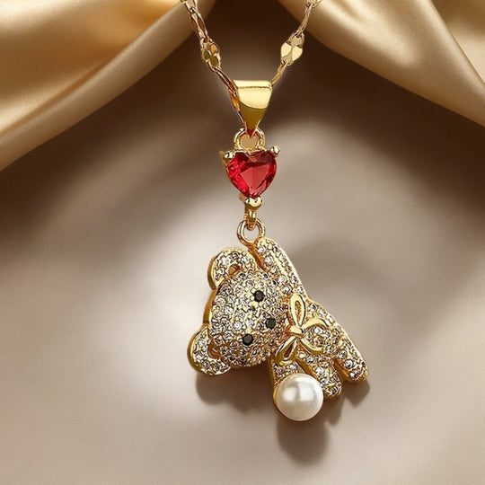 Adorable Bear Pendant Necklace with Synthetic Zirconia