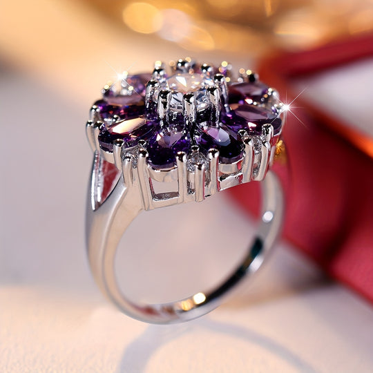 Elegant Purple Zirconia Flower Ring