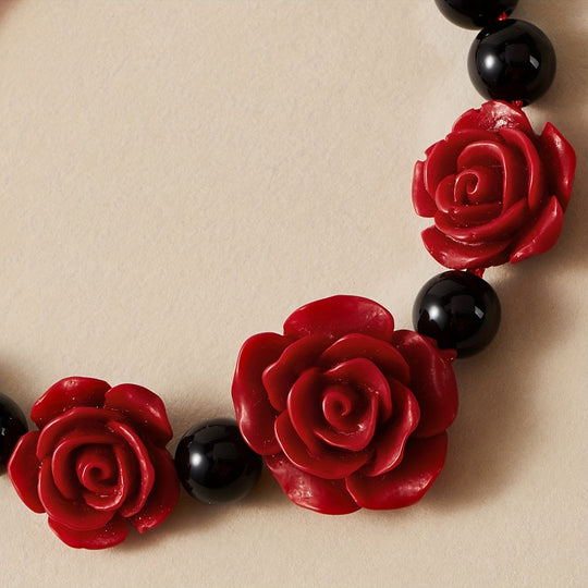 Red Rose Flower Black Beads Beaded Bracelet